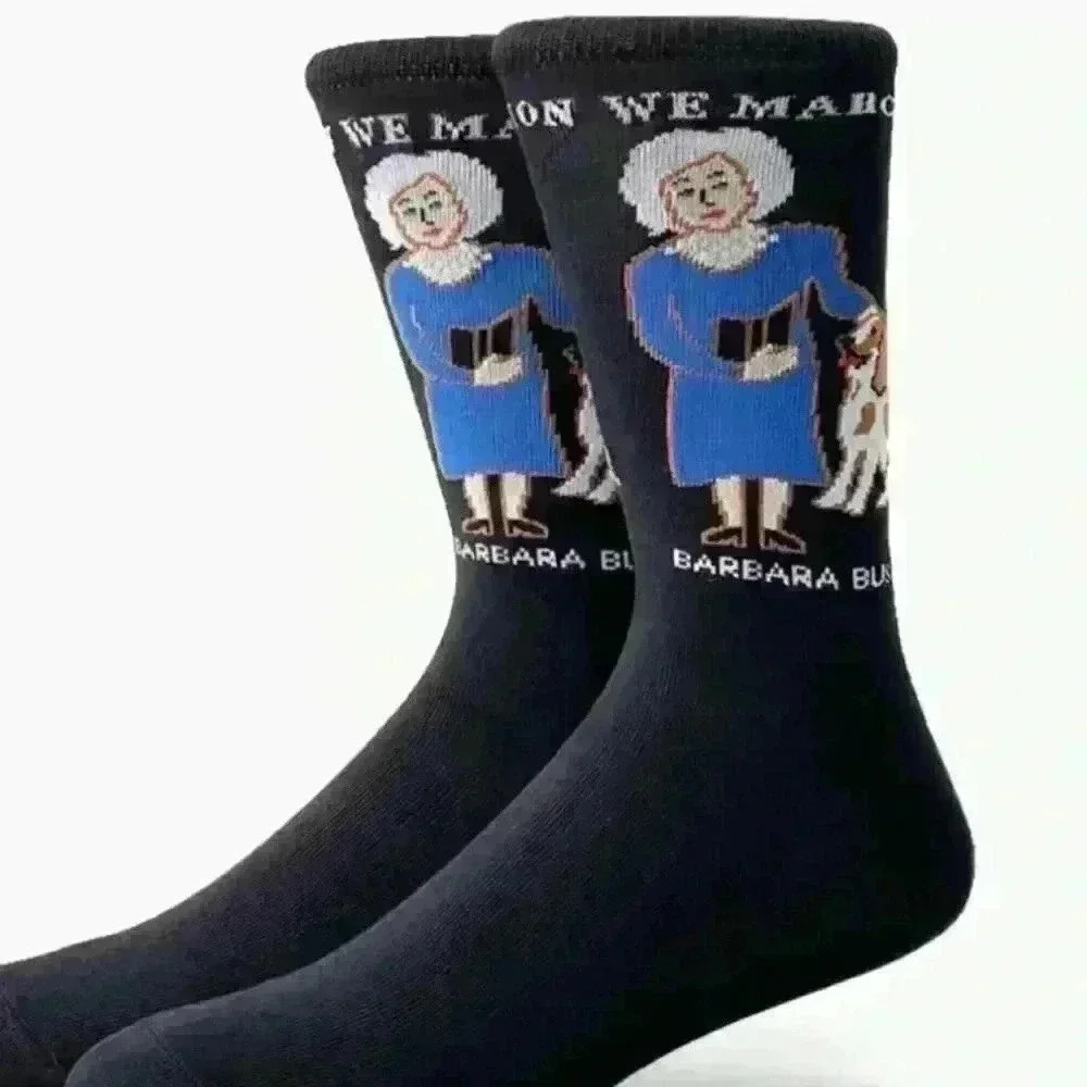 Maggie Stern Stitches Barbara Bush On We March Novelty Crew Socks Black New